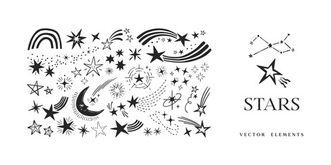 hand-drawn star doodle clipart bundle with celestial stars, shooting stars, sparkles, symbols, and moon. Star vector elements collection.