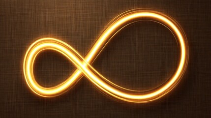 Abstract representation of infinity symbol with glowing golden light on textured brown background