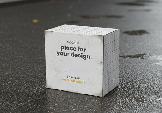 Box Stand on the Concrete Street under the Rain Mockup