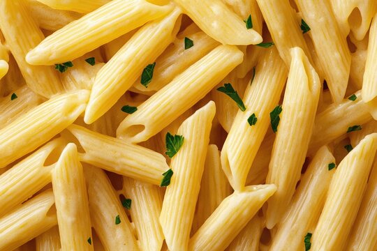 a penne pasta with rich creamy cheese sauce and a sprinkle of cut parsley