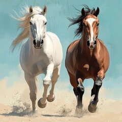 Fototapeta premium An Stock artistic illustration featuring wild horses, rendered in a detailed watercolor clipart style