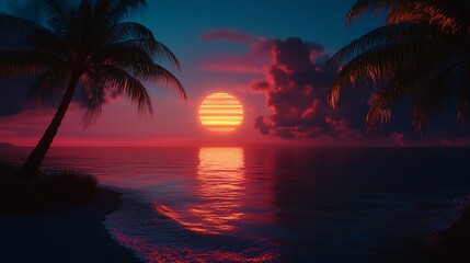 Obraz premium Vivid sunset over the sea with silhouette palm trees and dramatic clouds