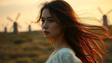 A young woman stands in an open field during golden hour, her flowing hair swept by a gentle breeze as sunlight bathes her in soft, warm tones.