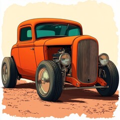 This image features a classic hot rod in a watercolor clipart style, created using digital design techniques