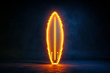 Glowing neon sign of a surfboard