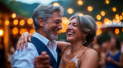 Happy senior couple dancing and laughing together at a party