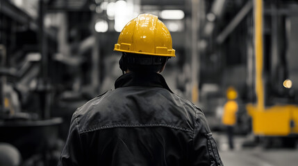 A construction worker wearing a yellow hard hat stands in an industrial environment, observing operations.