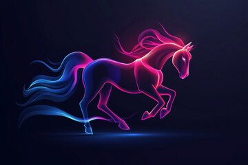 Glowing outline horse, a minimalist horse shape created with a soft neon glow, isolated on a solid background