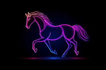 Glowing outline horse, a minimalist horse shape created with a soft neon glow, isolated on a solid background