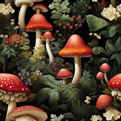 Seamless watercolor mushroom pattern with amanita, Botanical forest design on dark background. Fabric, wallpaper print texture.