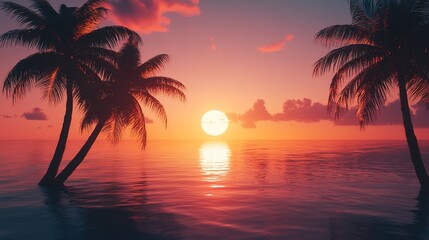 Tropical sunset with palm trees silhouetted against a vibrant orange sky and calm ocean