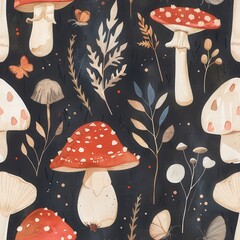 Seamless watercolor mushroom pattern with amanita, Botanical forest design on dark background. Fabric, wallpaper print texture.