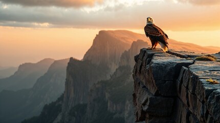 Majestic Eagle Overlooking Landscape: An eagle perches atop a rocky precipice, its gaze fixed upon a sweeping mountain range bathed in the warm hues of a sunset.