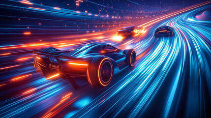 Obraz premium Futuristic sports cars racing at night on a winding track with light trails