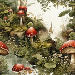 Seamless watercolor mushroom pattern with amanita, Botanical forest design on dark background. Fabric, wallpaper print texture.