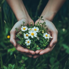 Hands holding a bunch of delicate white flowers with yellow centers in a field.