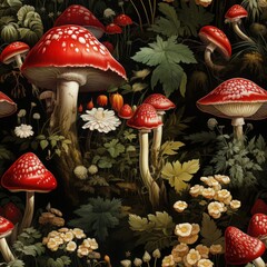 Seamless watercolor mushroom pattern with amanita, Botanical forest design on dark background. Fabric, wallpaper print texture.