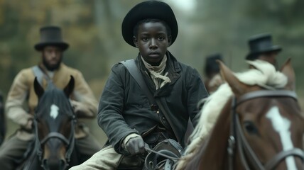 Black boy riding on a horse in a historical scene created with Generative AI
