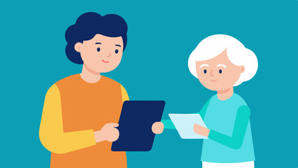 Obraz premium Tech and Seniors An elderly person learning how to use a tablet with a supportive younger person guiding them symbolizing bridging the generational technology gap.