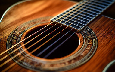 Fototapeta premium Close up of a guitar with a wooden body and a black string