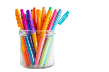 Colorful assortment of markers in a clear jar bringing joy to creative projects at home isolated on transparent background