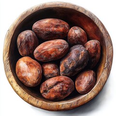 Obraz premium Detailed illustration of cocoa beans in a bowl, presented in a watercolor style as clipart