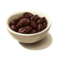 Cocoa beans on a bowl are illustrated in a detailed artistic graphic, created using a watercolor clipart technique