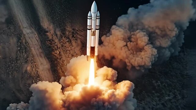 Rocket launch, aerial view, spectacular plume, desert landscape, stock image