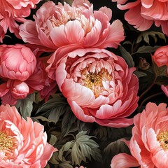 Seamless floral pattern with hand-painted watercolor peonies in soft pink and peach tones on a dark background. Fabric, wallpaper print texture.