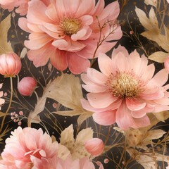 Seamless floral pattern with hand-painted watercolor peonies in soft pink and peach tones on a dark background. Fabric, wallpaper print texture.