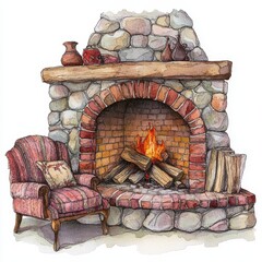 Detailed illustration of a cozy fireplace created as digital watercolor clipart
