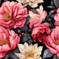 Seamless floral pattern with hand-painted watercolor peonies in soft pink and peach tones on a dark background. Fabric, wallpaper print texture.