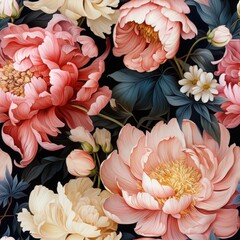 Seamless floral pattern with hand-painted watercolor peonies in soft pink and peach tones on a dark background. Fabric, wallpaper print texture.