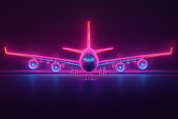 Digital neon airplane illustration with glowing details isolated