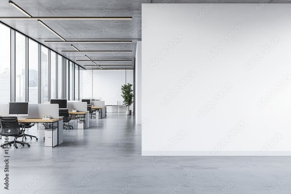 Poster modern open office with a large white wall for copy space, bright windows, and minimalist desks, cre