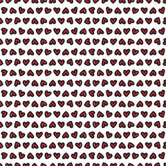 Abstract seamless pattern with tiny red hearts and black outline. Vector illustration for Valentine's Day, baby shower, birthday, wedding print. 