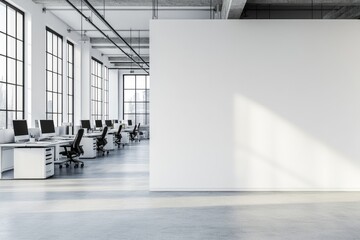 Modern open office with a large white wall, industrial ceiling, and bright windows, creating a sleek and professional workspace. Ideal for corporate, business, and productivity themes