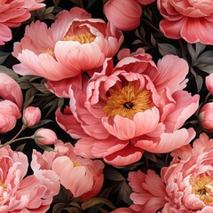 Seamless floral pattern with hand-painted watercolor peonies in soft pink and peach tones on a dark background. Fabric, wallpaper print texture.