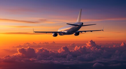Obraz premium Airplane Flying Above Clouds During a Vivid Sunset Sky