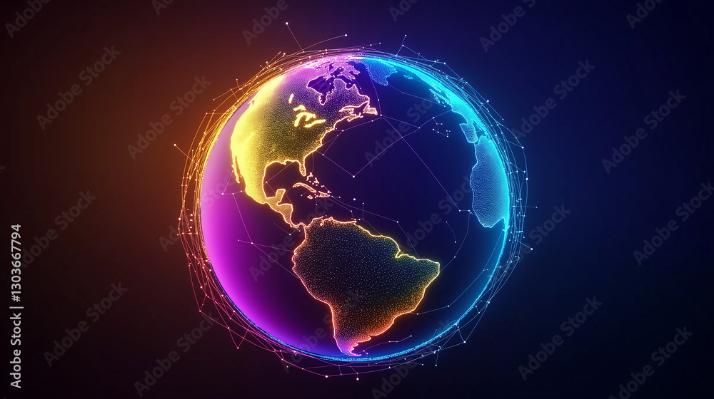 Poster Planet earth rotating, showing americas, futuristic glowing lines and dots, global network and communications concept