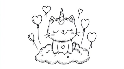 Cute unicorn cat on cloud with hearts