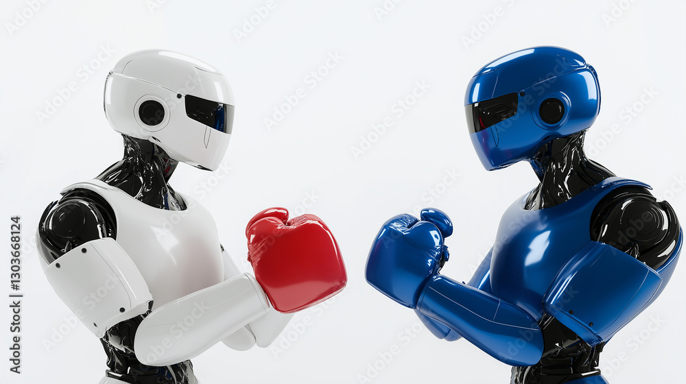 Poster two robots boxing wearing red and blue gloves facing each other