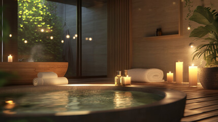 Round hot tub with wooden bathtub and lit candles creating relaxing spa ambiance