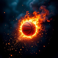 Fototapeta premium A basketball bursts into glowing fiery orange burning flames with splattered sparkling particles and smoke in the mid-air on dark blue background, sport concept