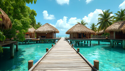 Fototapeta premium Tropical overwater bungalows with wooden pathway, crystal clear water, serene vacation spot, copy space