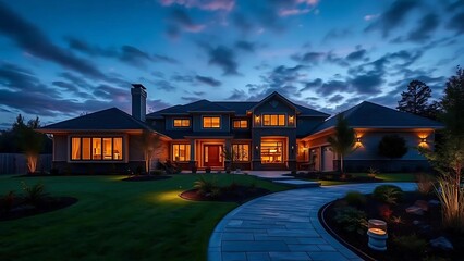 Modern Suburban House with Lush Garden and Illuminated Pathway &ndash; Tranquil Twilight Scene in High-End Real Estate