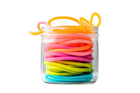 Vibrant collection of colorful rubber bands stacked neatly in a glass jar on a clean surface isolated on transparent background