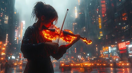 Fototapeta premium Woman plays fiery violin in futuristic city rain
