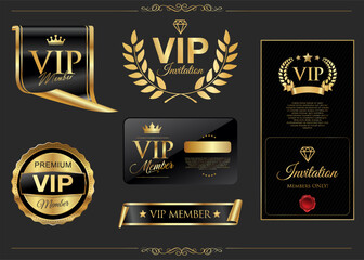 VIP invitation card, banner or flyer with golden elements on black background..eps