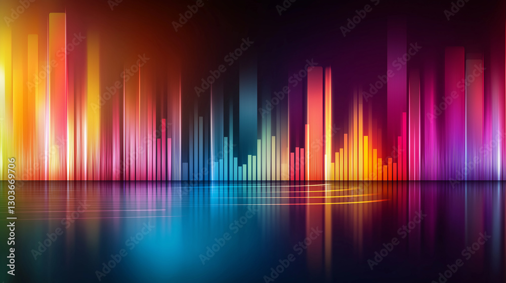 Aufkleber Colorful equalizer reflecting on dark shiny floor with glowing lines and bars